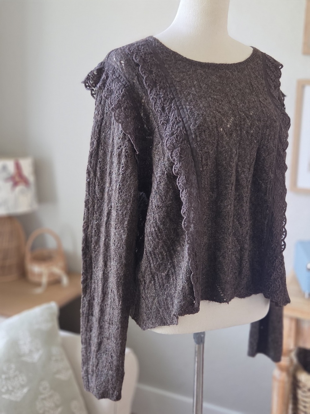 American Eagle Outfitters Dark Brown Lace-Trim Crewneck Sweater